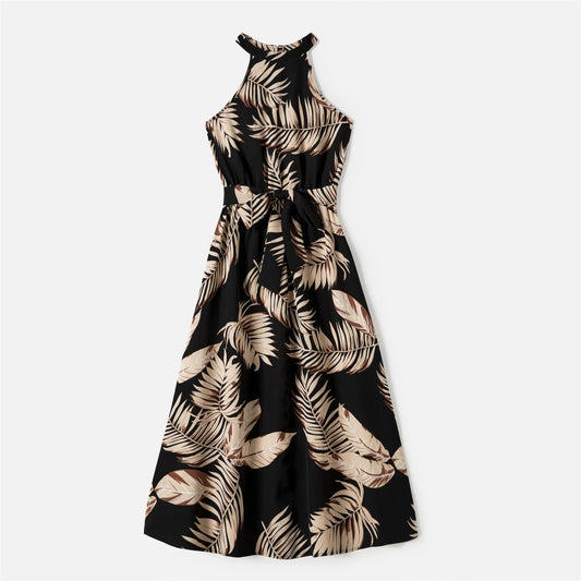Family Matching! Solid Leaf Sleeveless Halter Dresses & Short Sleeve Tops