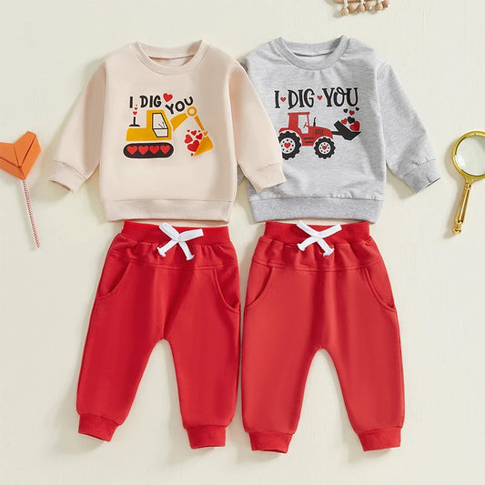 Boy's 2-Piece "I Dig You" Valentine's Excavator Top & Pants Sets