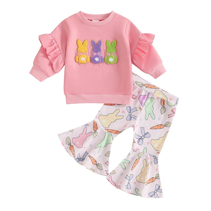 Girl's Easter & Bunny Embroidered Sweatshirt & Bow Flare Pants Sets