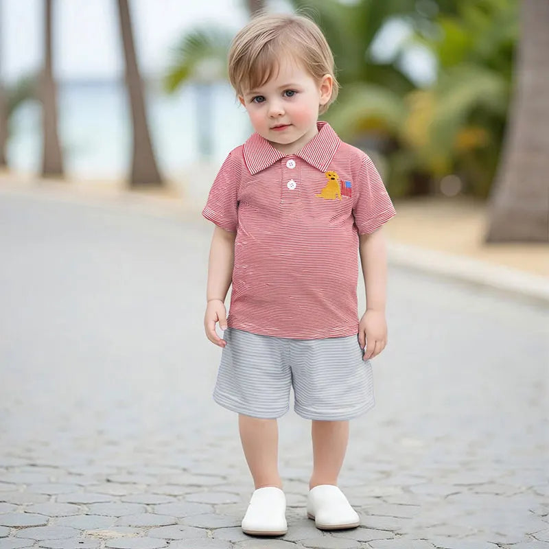 Boy's Embroidered 4th of July Golf Cart or Dog Flag Polo T-Shirts