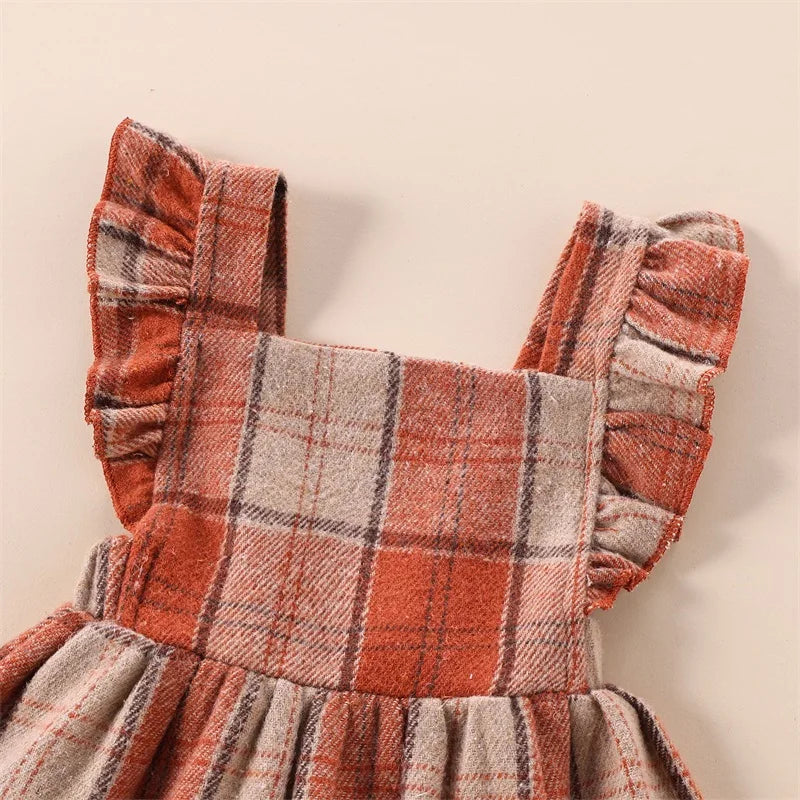 Girl's Plaid Ruffled Bib Overall Dresses