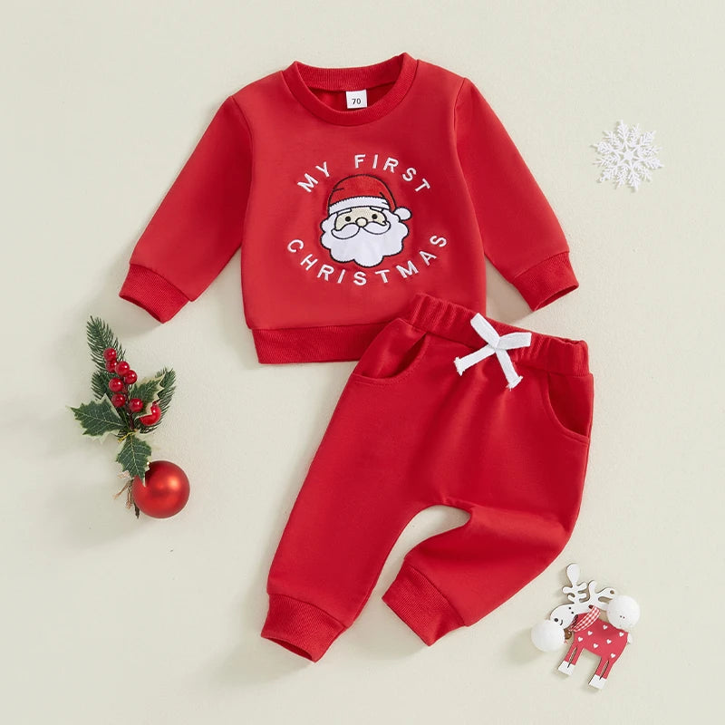 Boy's & Girl's 2-Piece Christmas Embroidered "My First Christmas" Santa Sweatshirt & Pants Sets