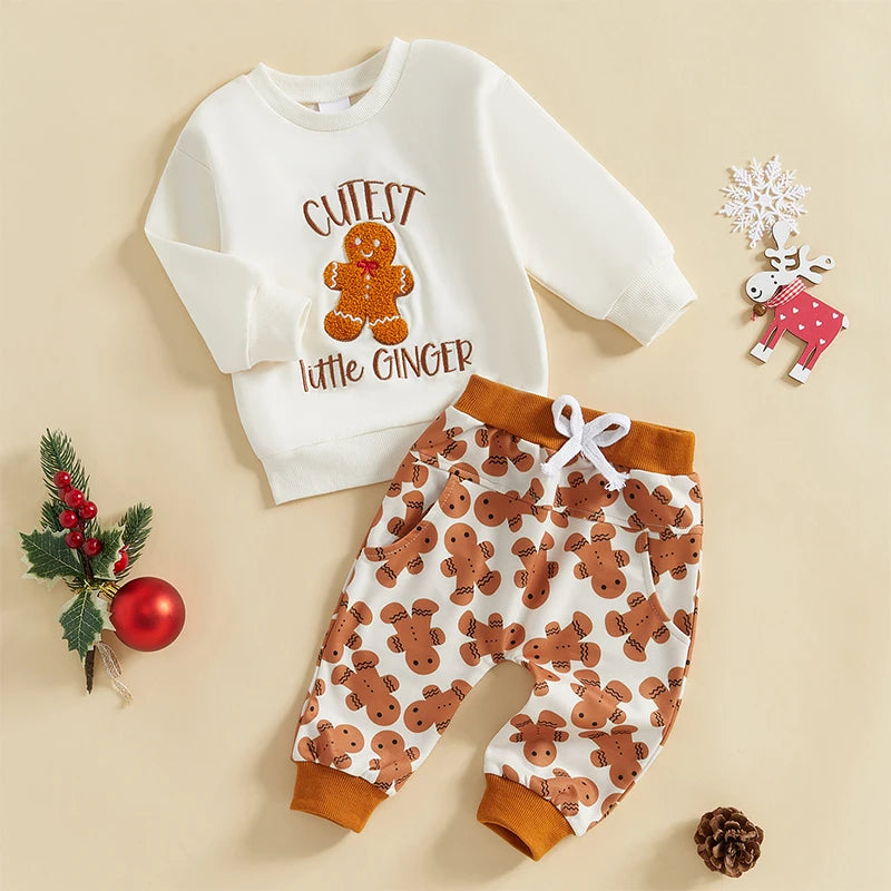 Boy's & Girl's 2-Piece Christmas Embroidered "Cutest Little Ginger" Holiday Sweatshirt & Pants Sets