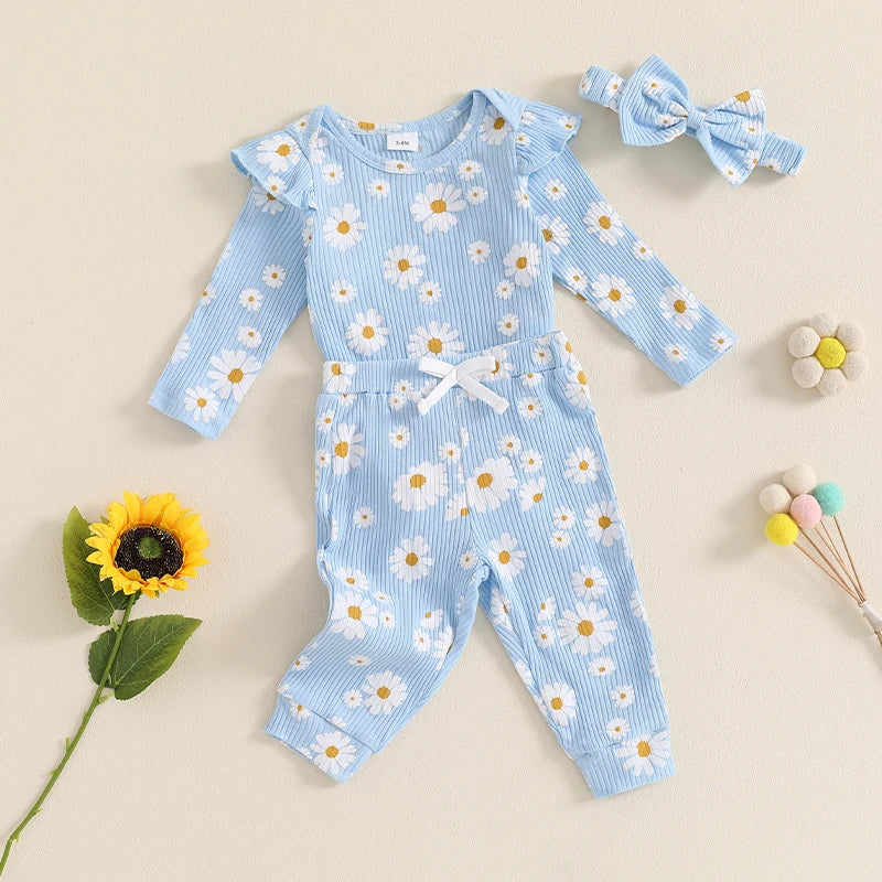 Girl's Floral Onesie, Pants & Bow Headband Sets