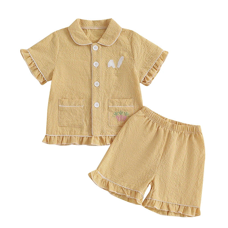 Girl's 2-Piece Plaid Embroidered Easter Bunny & Carrots Ruffled Pajamas