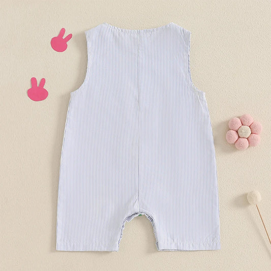 Boy's Striped Easter Bunny Embroidered Sleeveless Jumpsuit