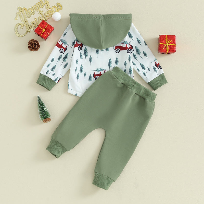 Boy's 2-Piece Christmas Truck & Christmas Tree Hooded Sweatshirt & Pants Sets