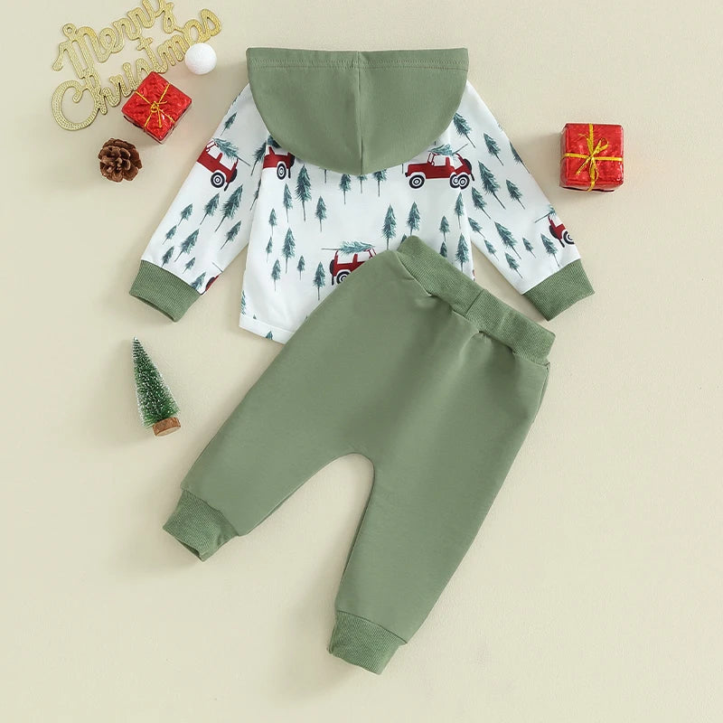 Boy's 2-Piece Christmas Truck & Christmas Tree Hooded Sweatshirt & Pants Sets