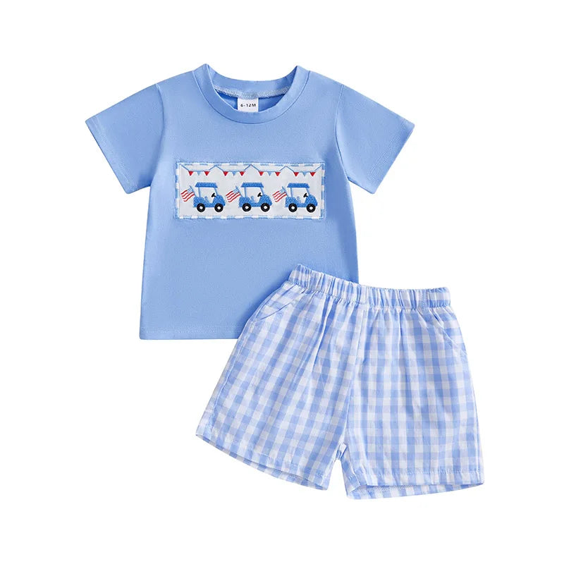 Boy's 2-Piece Embroidered Golf Cart 4th of July T-Shirts & Plaid Shorts Sets