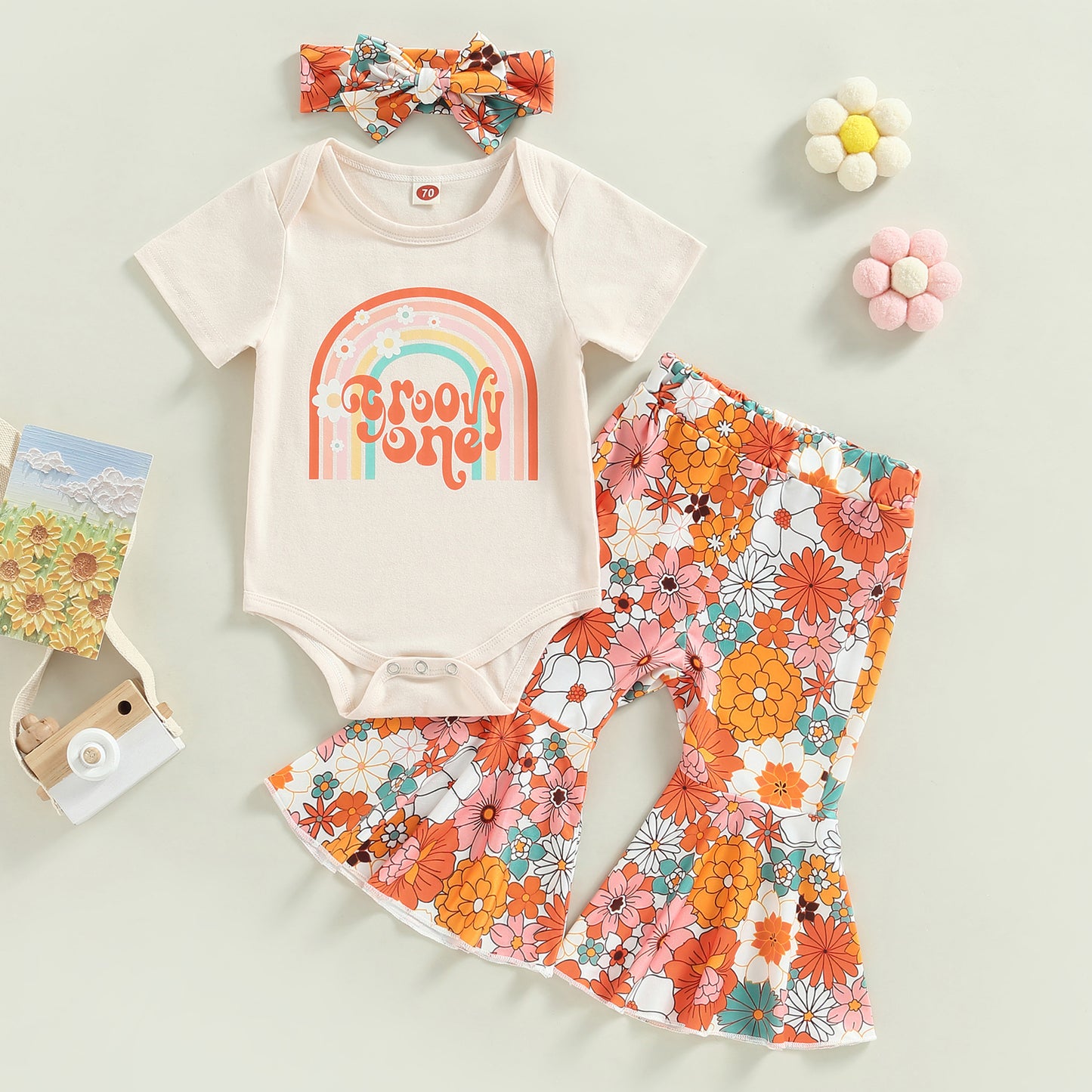 Girl's Floral "Groovie One" Onesie, Flared Pants & Bow Headband Sets