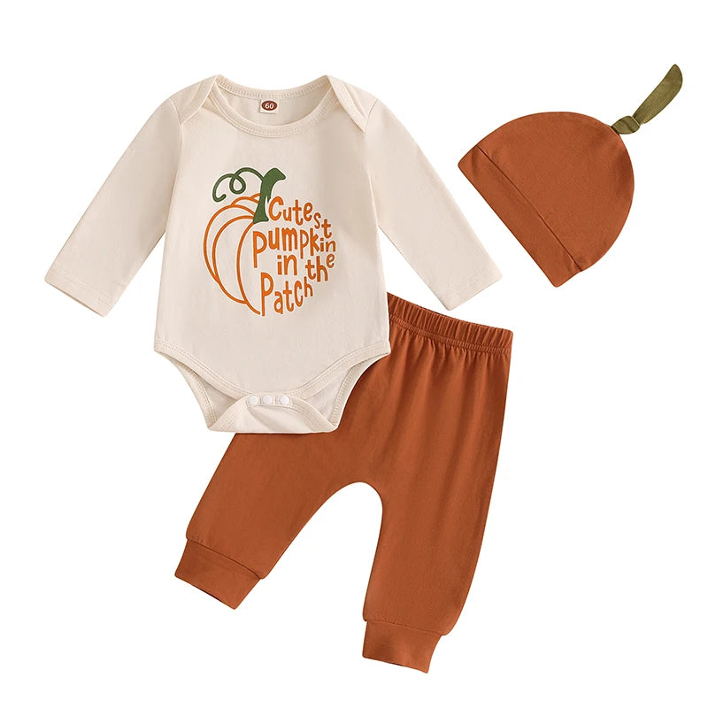 Boy's & Girl's "Cutest Pumpkin in the Patch" 3-Piece Halloween Outfit Sets with Romper, Pants, and Hat