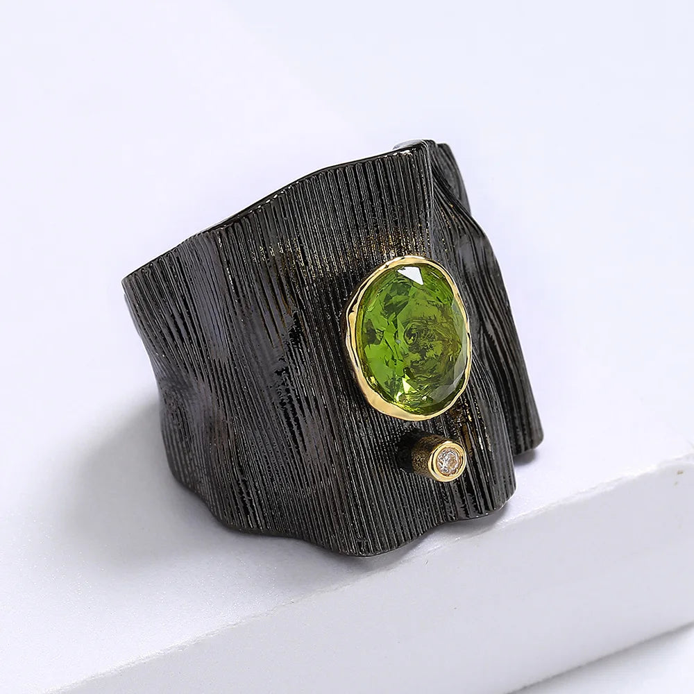 Black & Gold Style Textured Peridot Zircon Rings