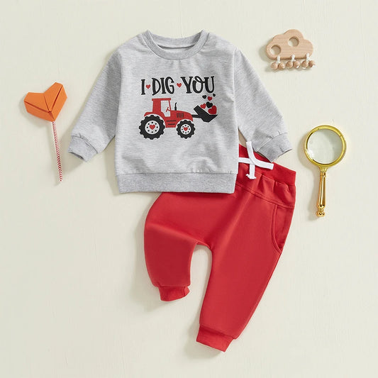 Boy's 2-Piece "I Dig You" Valentine's Excavator Top & Pants Sets
