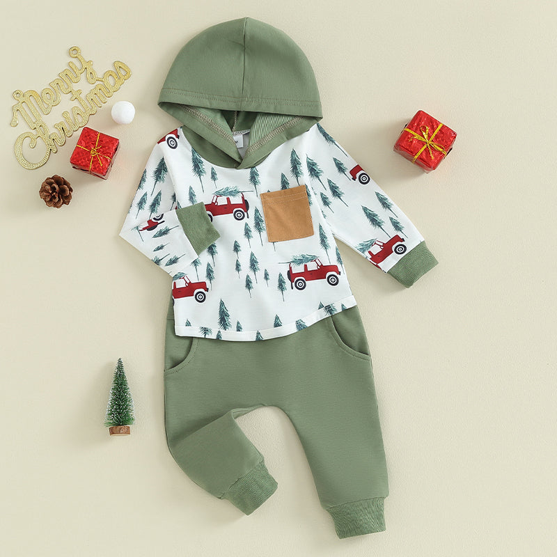 Boy's 2-Piece Christmas Truck & Christmas Tree Hooded Sweatshirt & Pants Sets