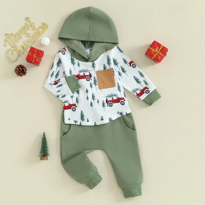 Boy's 2-Piece Christmas Truck & Christmas Tree Hooded Sweatshirt & Pants Sets