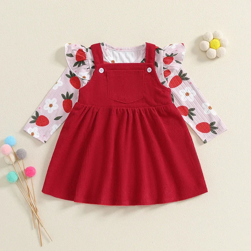 Girl's Floral & Strawberry Print Ruffled Onesie & Bib Overall Dress Sets