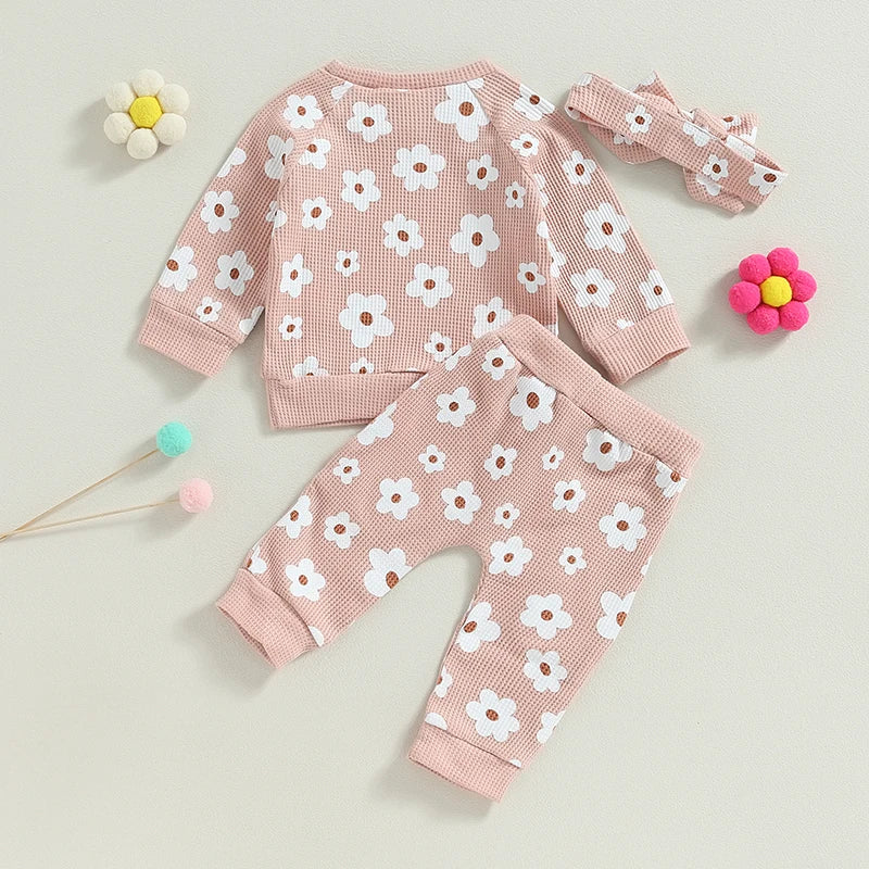 Girl’s 2-Piece Flower Sweatshirt, Pants& Bow Headband Sets