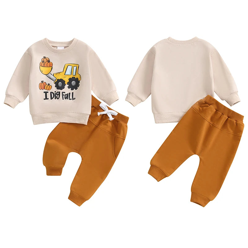 Boy's 2-Piece "I Dig Fall" Pumpkin Excavator Sweatshirt & Sweatpants Sets
