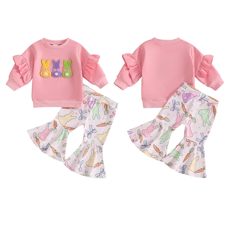 Girl's Easter & Bunny Embroidered Sweatshirt & Bow Flare Pants Sets