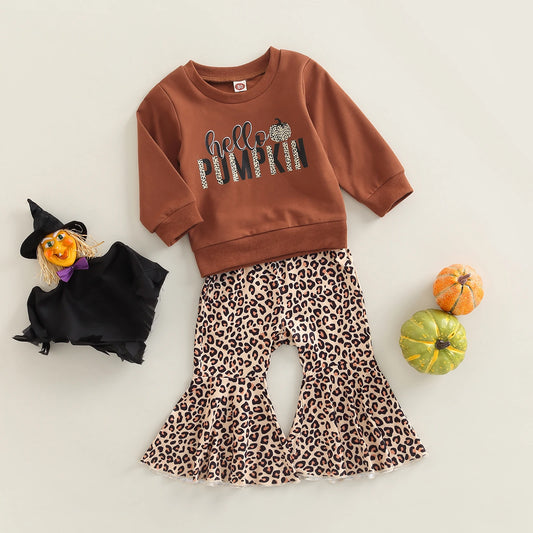 Girl's "Hello Pumpkin" Leopard Print Sweatshirts & Flared Pants Sets