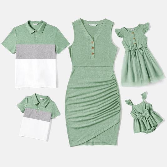Family Matching! Button Half Placket Ruched Tank Dresses & Color Block Polo Neck T-Shirts