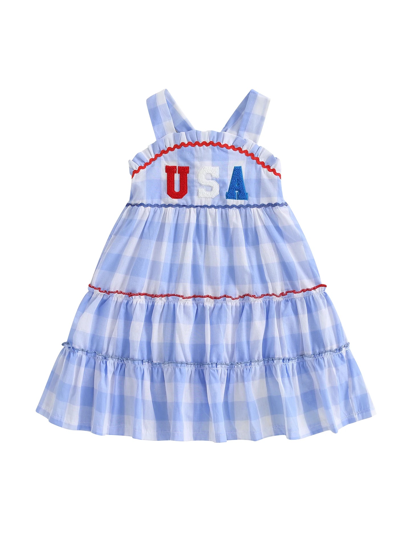 Girl's Plaid Embroidered USA 4th of July Dresses