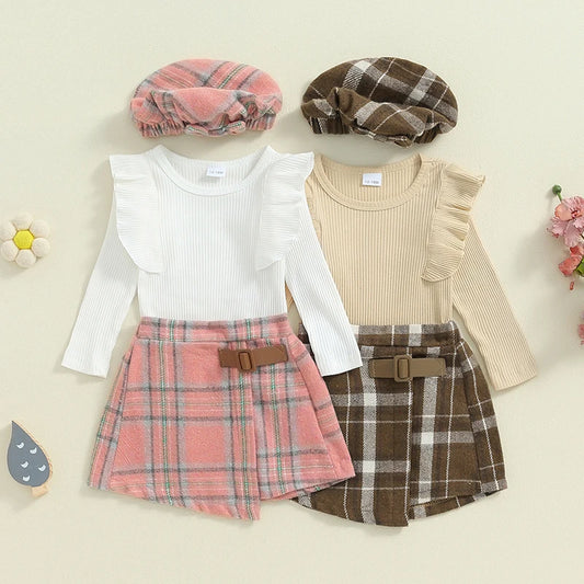 Girl's Ruffled Top, Plaid Skirt & Plaid Hat Sets