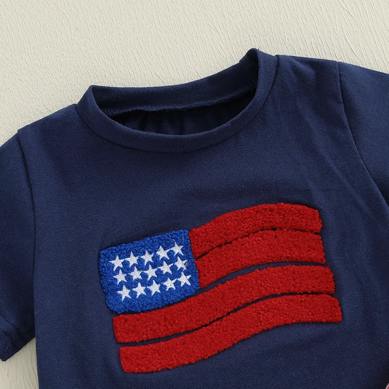 Boy's 2-Piece 4th of July Embroidered Flag T-Shirts & Plaid Shorts Sets