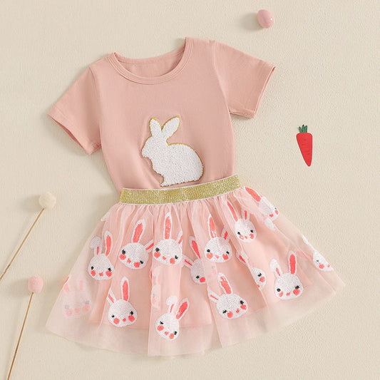 Girl's 2-Piece Easter & Bunny Embroidered T-shirts & Mesh Skirt Sets