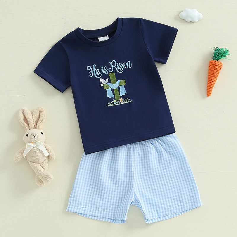 Boy's Easter Bunny/Cross T-shirt Plaid Shorts Set