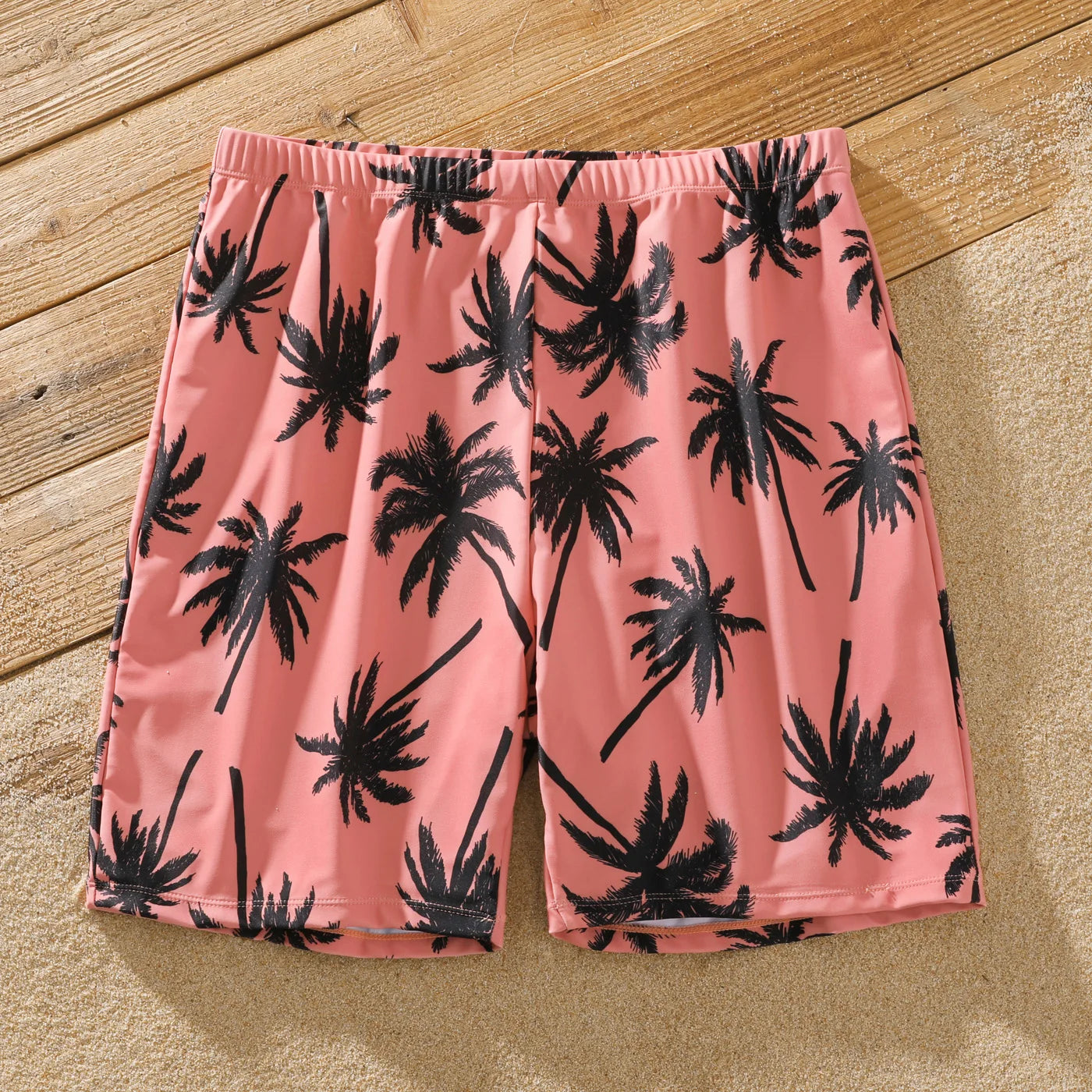 Family Matching! Swimsuit All Over Coconut Tree Print Pink Swim Trunks Shorts & Spaghetti Strap One-Piece Swimsuit