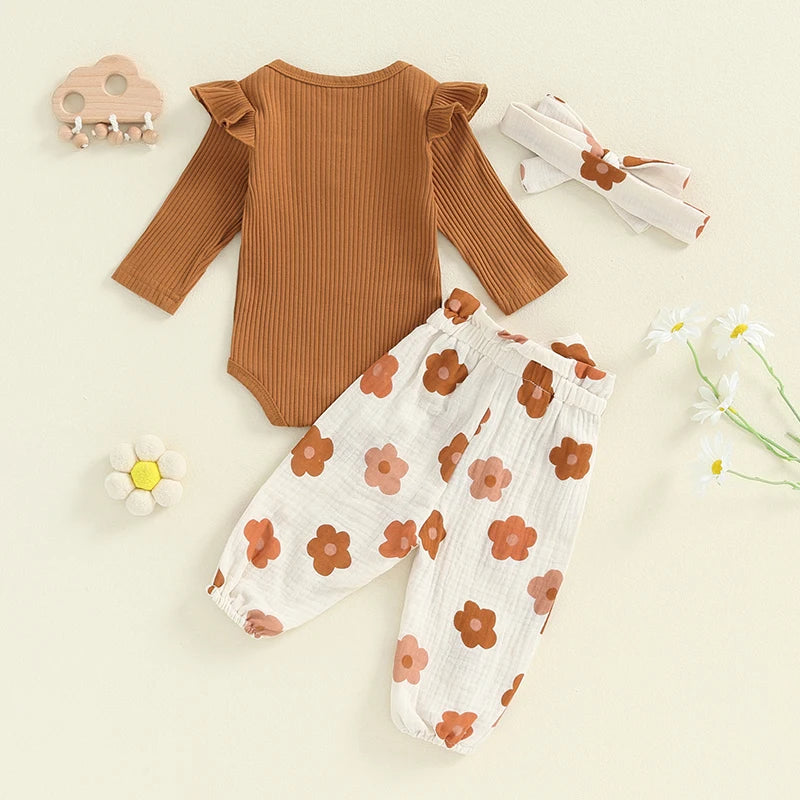 Girl's Floral or Strawberry Print Onesies, Pants & Bow Headband Sets