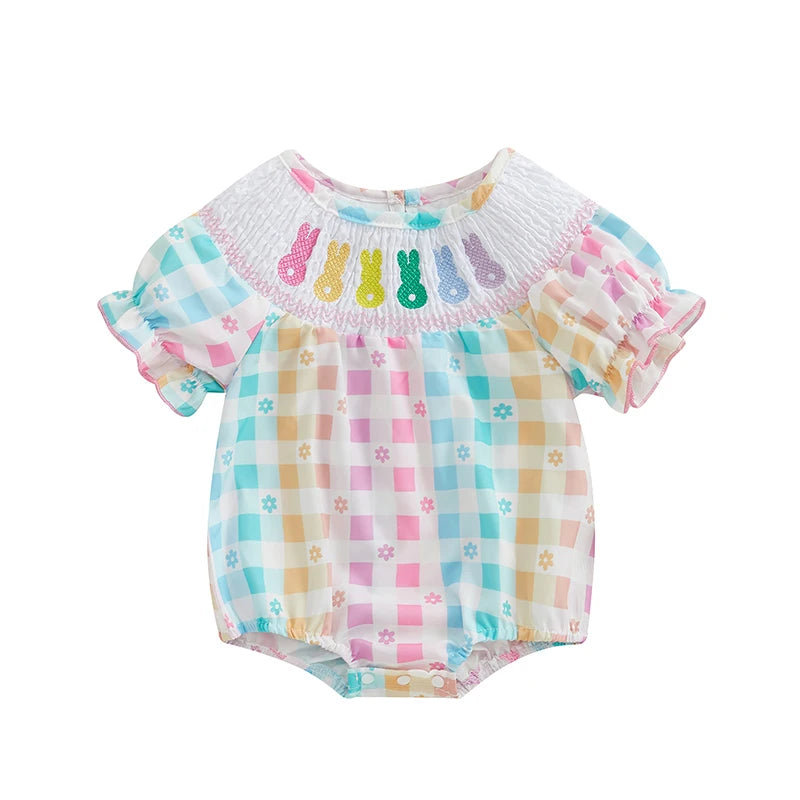 Girl's Smocked Floral Embroidered Easter Bunny Rompers