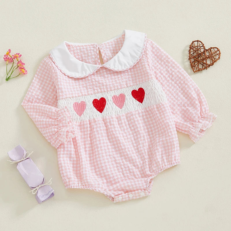 Girl's Embroidered Doll Collar Heart Rompers