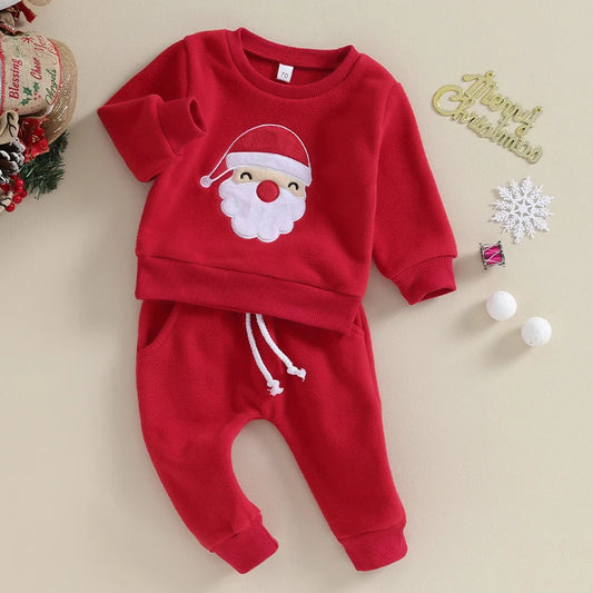 Boy's & Girl's 2-Piece Christmas Embroidered Santa Holiday Sweatshirt & Pants Sets