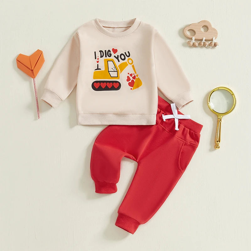 Boy's 2-Piece "I Dig You" Valentine's Excavator Top & Pants Sets