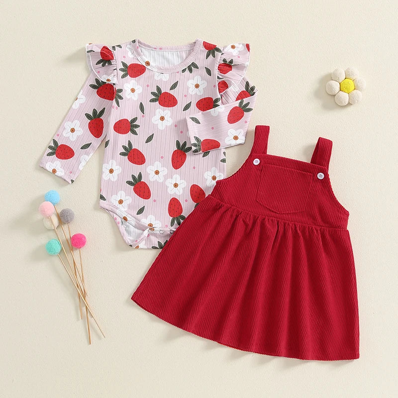 Girl's Floral & Strawberry Print Ruffled Onesie & Bib Overall Dress Sets