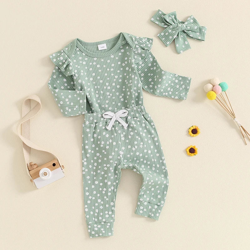 Girl's Floral Onesie, Pants & Bow Headband Sets