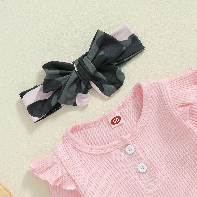 Girl's Ruffled Onesie, Camo Pants & Bow Headband Sets