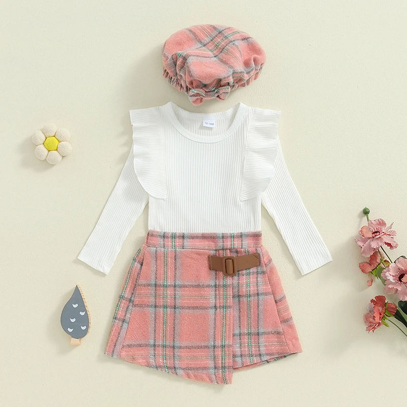 Girl's Ruffled Top, Plaid Skirt & Plaid Hat Sets