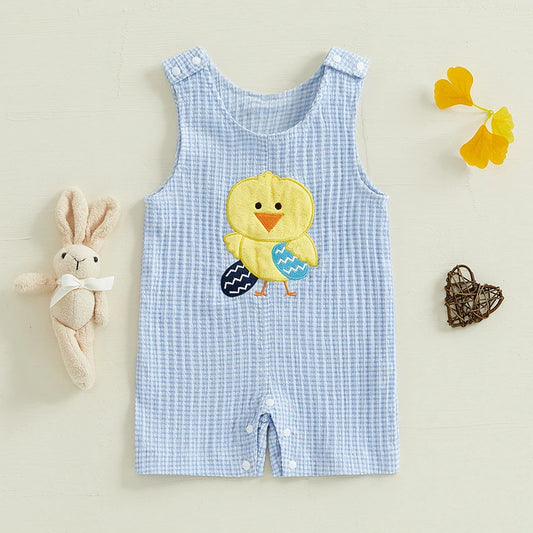 Boy's Easter Chick Egg Embroidered Plaid Sleeveless Overall Jumpsuits