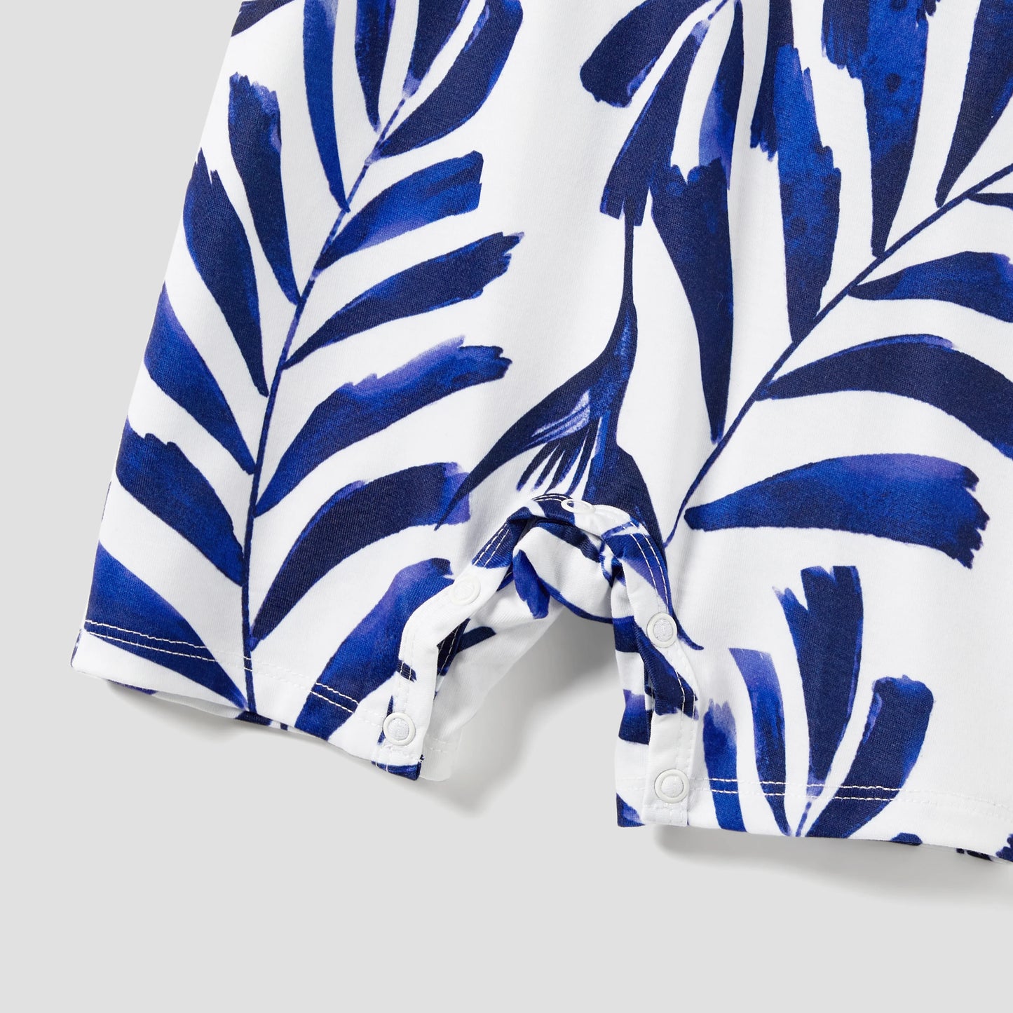 Family Matching! Modern Blue & White Botanical Leaf Button Strap Dress & Color Block Tees