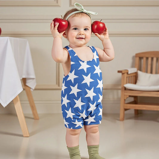 Girl's Star Print 4th of July Overall Rompers