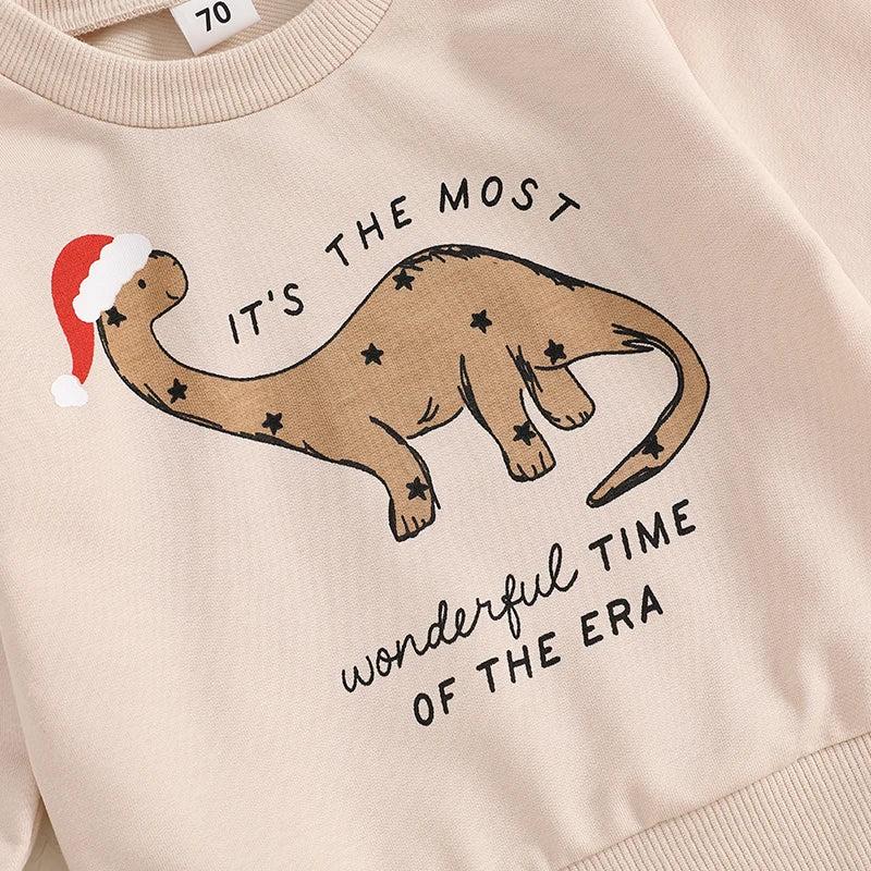 Boy's 2-Piece Christmas Dinosaur "It's the Most Wonderful Time of the Era" Sweatshirt & Plaid Pants Sets