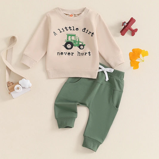 Boy's 2-Piece "A Little Dirt Never Hurt" Tractor Sweatshirt & Pants Sets