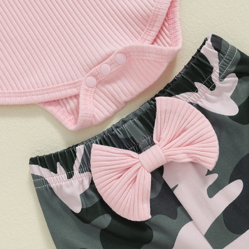 Girl's Ruffled Onesie, Camo Pants & Bow Headband Sets