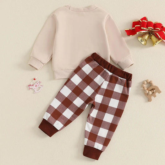 Boy's 2-Piece Christmas Dinosaur "It's the Most Wonderful Time of the Era" Sweatshirt & Plaid Pants Sets