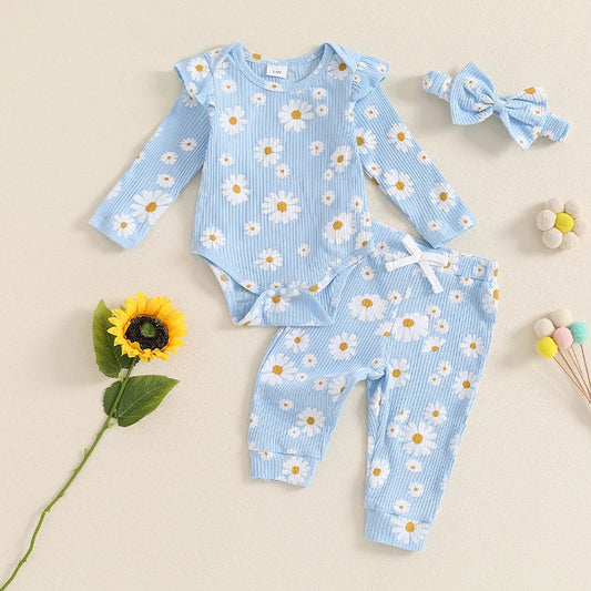 Girl's Floral Onesie, Pants & Bow Headband Sets