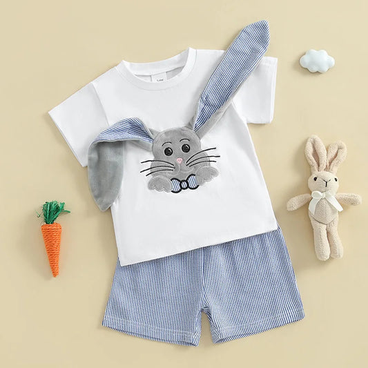 Boy's 2-Piece Embroidered Easter Bunny Ears T-shirt & Striped Shorts Sets