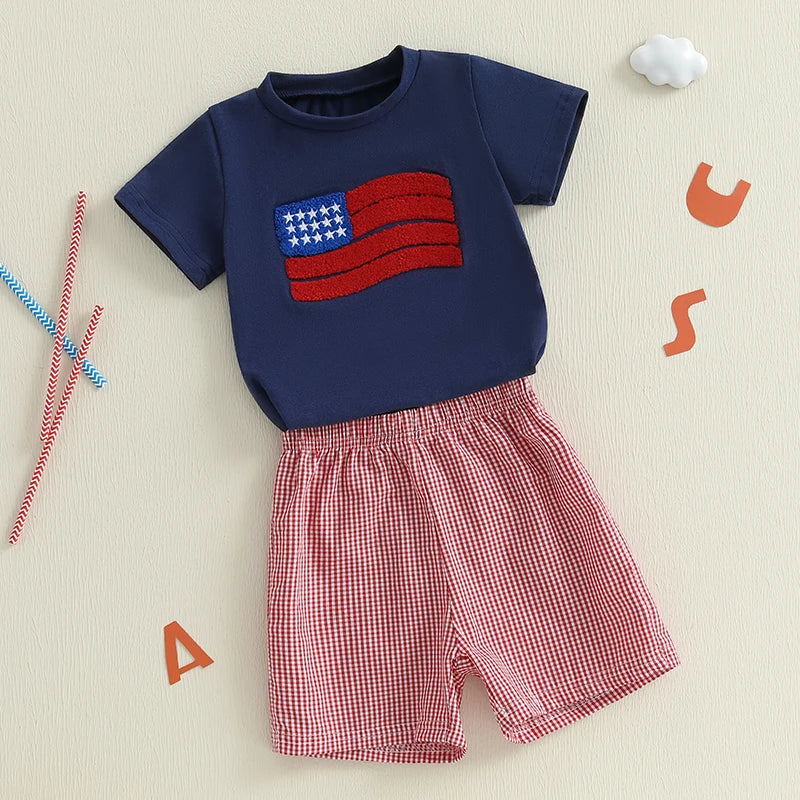 Boy's 2-Piece 4th of July Embroidered Flag T-Shirts & Plaid Shorts Sets